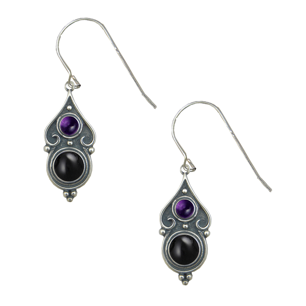 Sterling Silver Designer Post Stud Earrings With Black Onyx And Amethyst